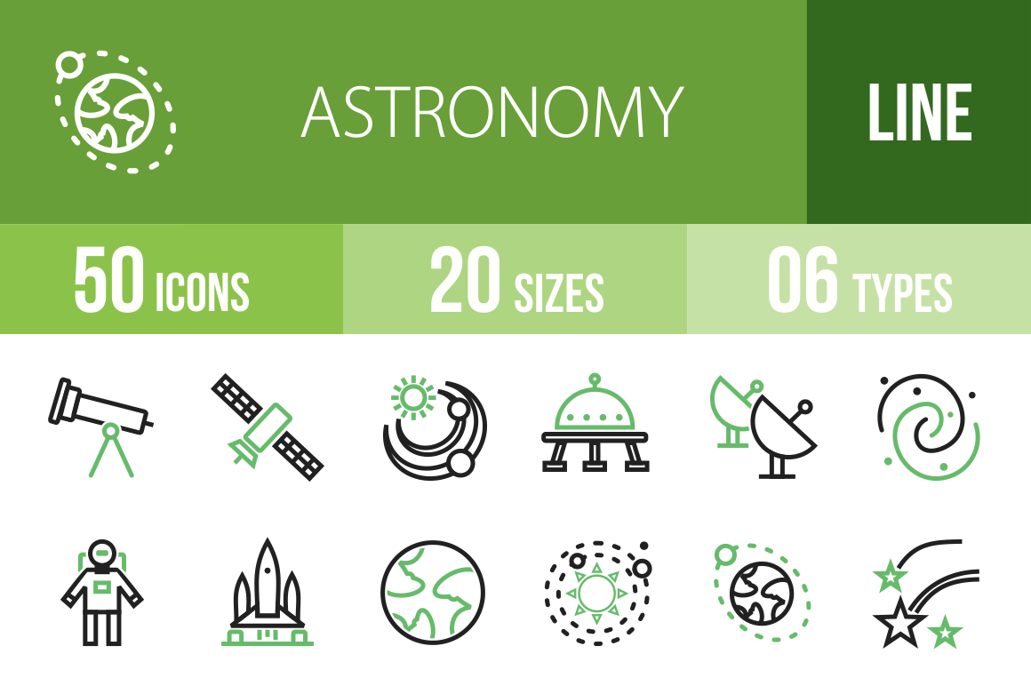 50 Astronomy Line Green Black Icons - Overview - IconBunny