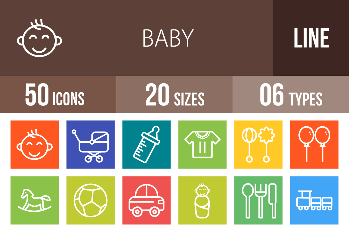 50 Baby Line Multicolor B/G Icons - Overview - IconBunny