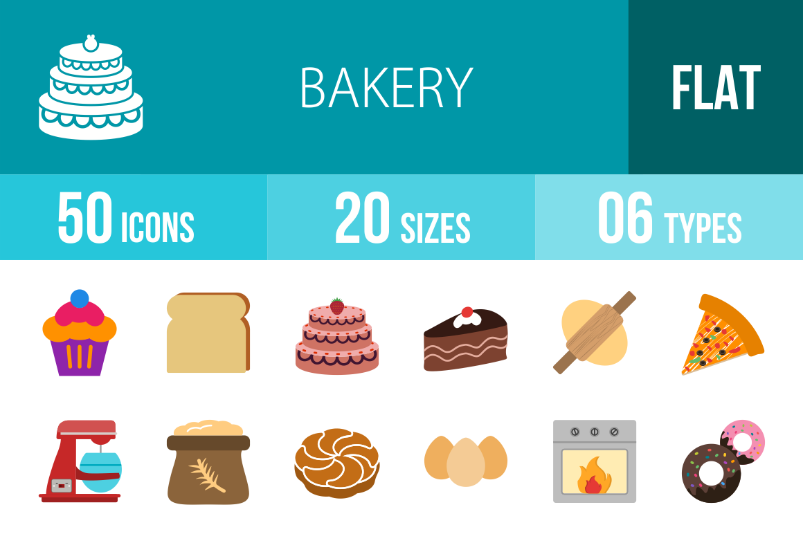 50 Bakery Flat Multicolor Icons - Overview - IconBunny