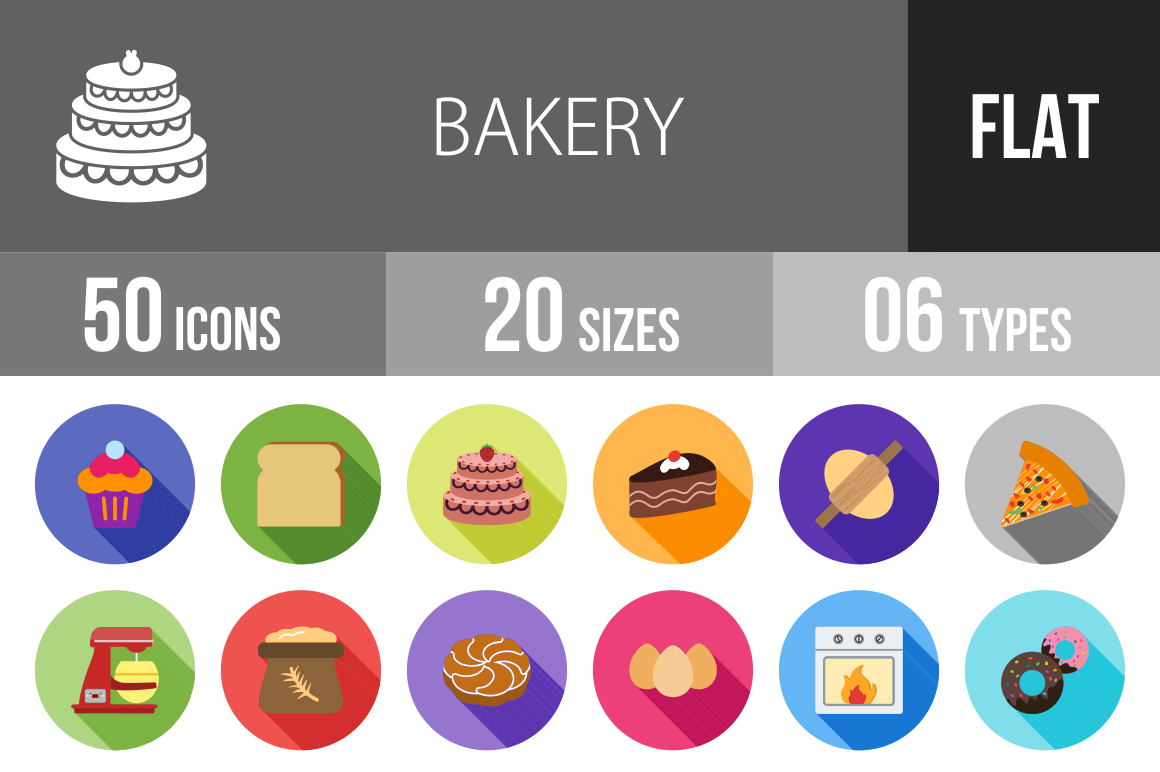 50 Bakery Flat Shadowed Icons - Overview - IconBunny