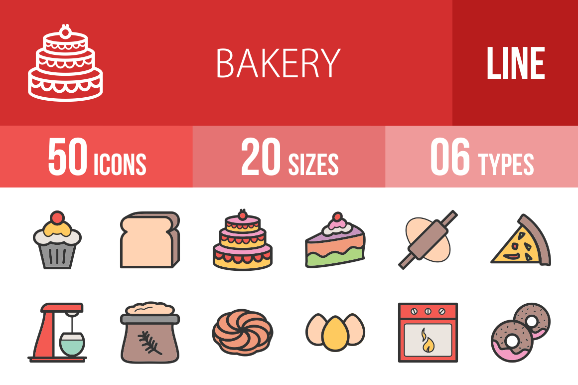 50 Bakery Line Multicolor Filled Icons - Overview - IconBunny