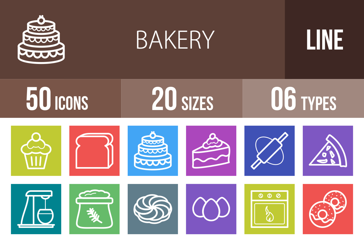 50 Bakery Line Multicolor B/G Icons - Overview - IconBunny
