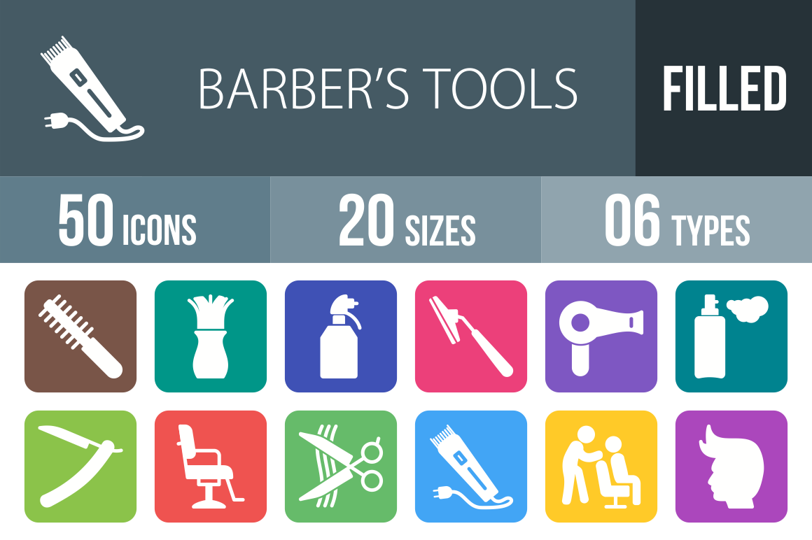 50 Barber's Tools Flat Round Corner Icons - Overview - IconBunny