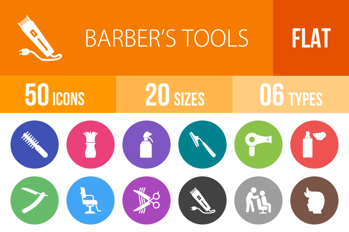 50 Barber's Tools Flat Round Icons - Overview - IconBunny