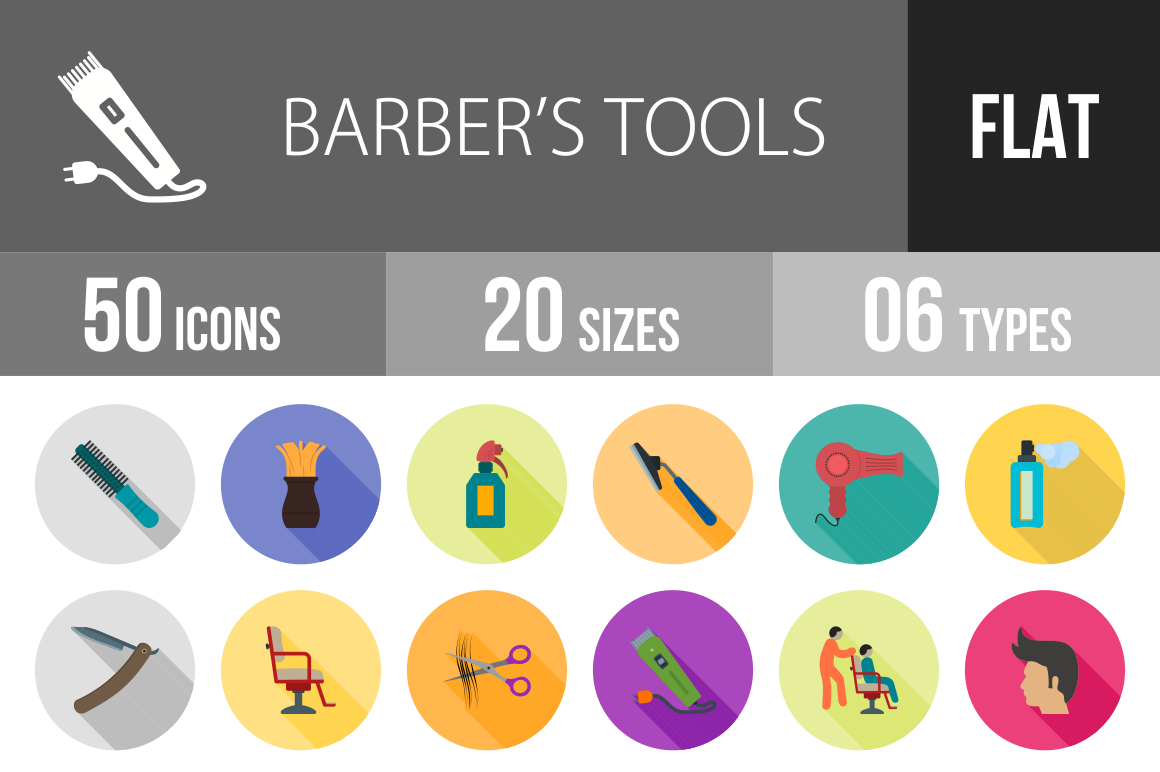 50 Barber's Tools Flat Shadowed Icons - Overview - IconBunny