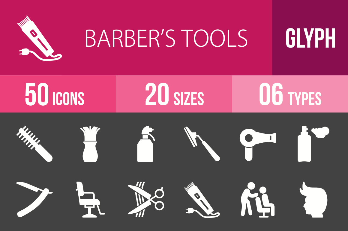 50 Barber's Tools Glyph Inverted Icons - Overview - IconBunny