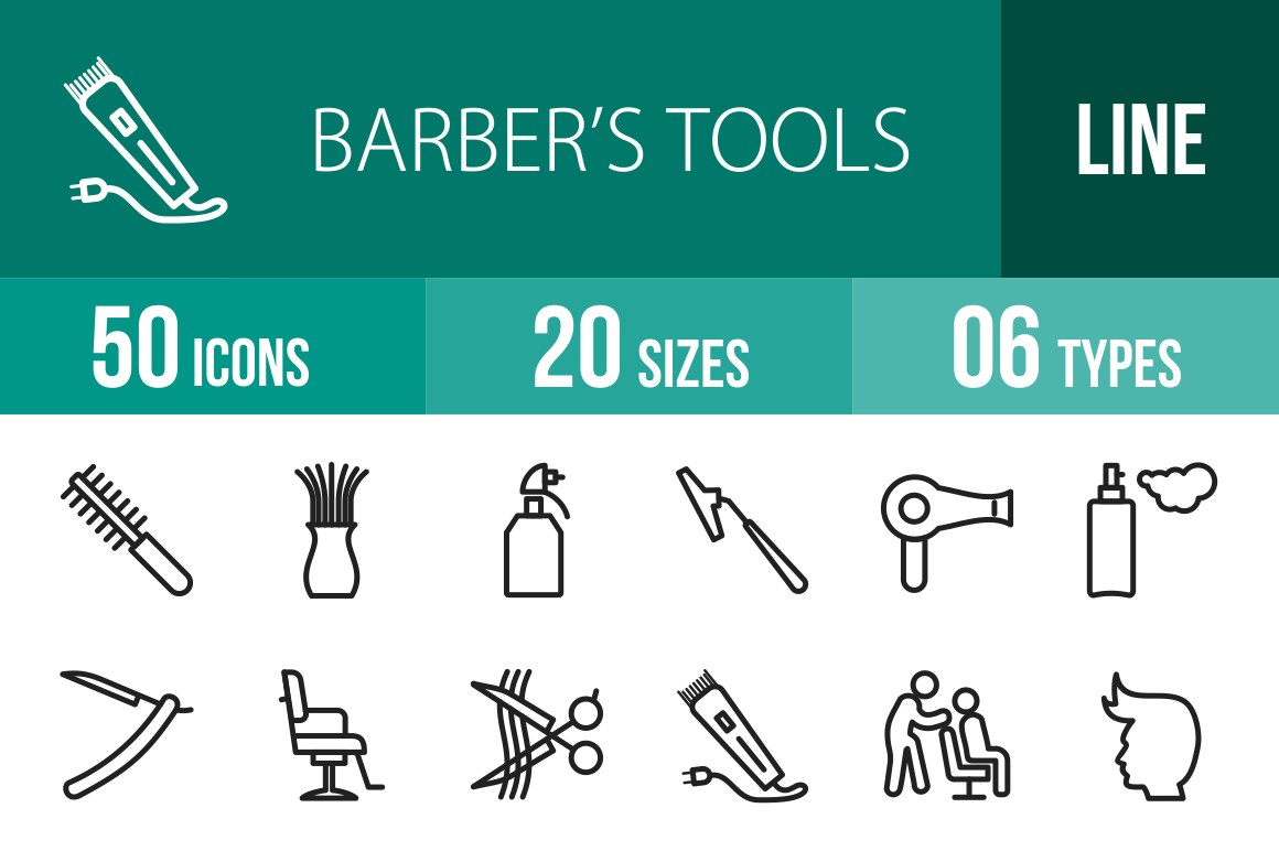 50 Barber's Tools Line Icons - Overview - IconBunny