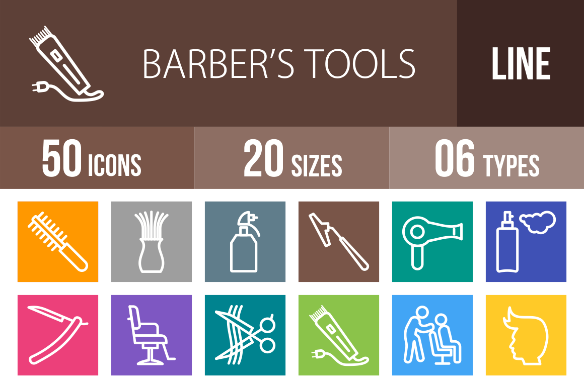 50 Barber's Tools Line Multicolor B/G Icons - Overview - IconBunny