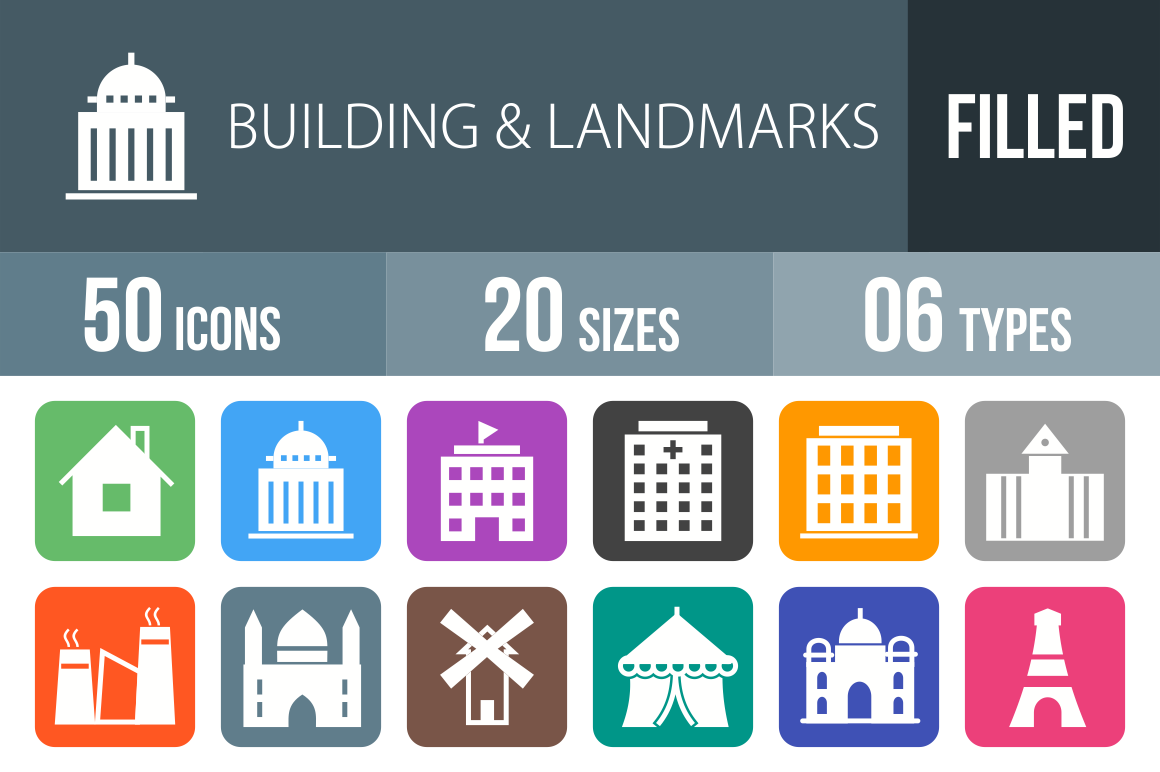 50 Buildings & Landmarks Flat Round Corner Icons - Overview - IconBunny