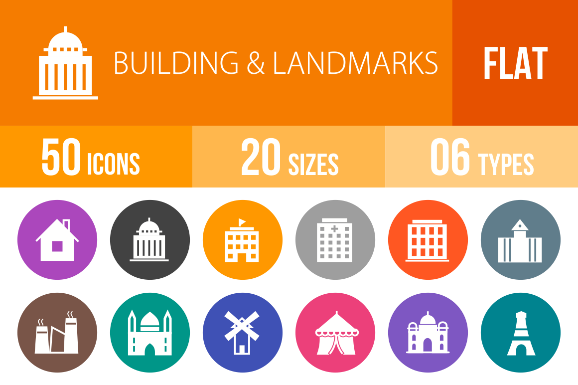 50 Buildings & Landmarks Flat Round Icons - Overview - IconBunny