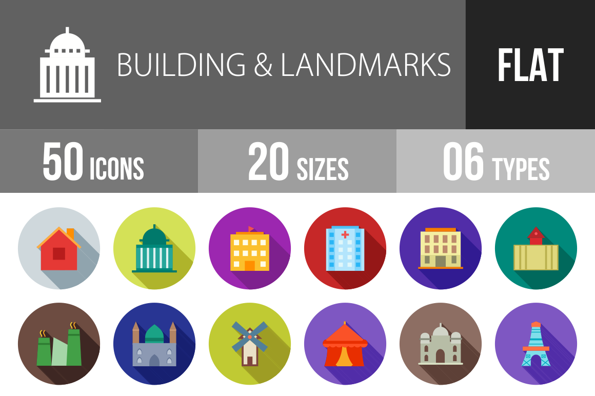 50 Buildings & Landmarks Flat Shadowed Icons - Overview - IconBunny