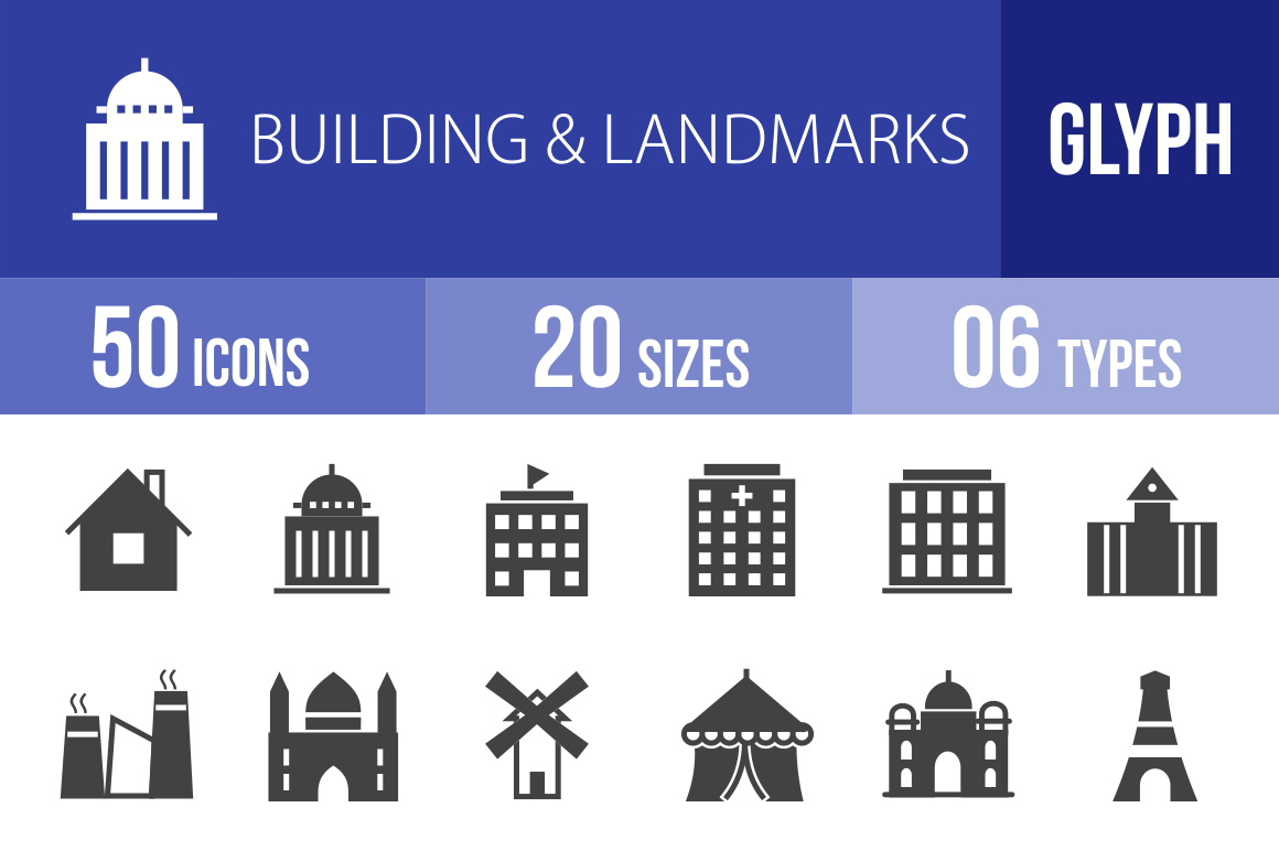 50 Buildings & Landmarks Glyph Icons - Overview - IconBunny