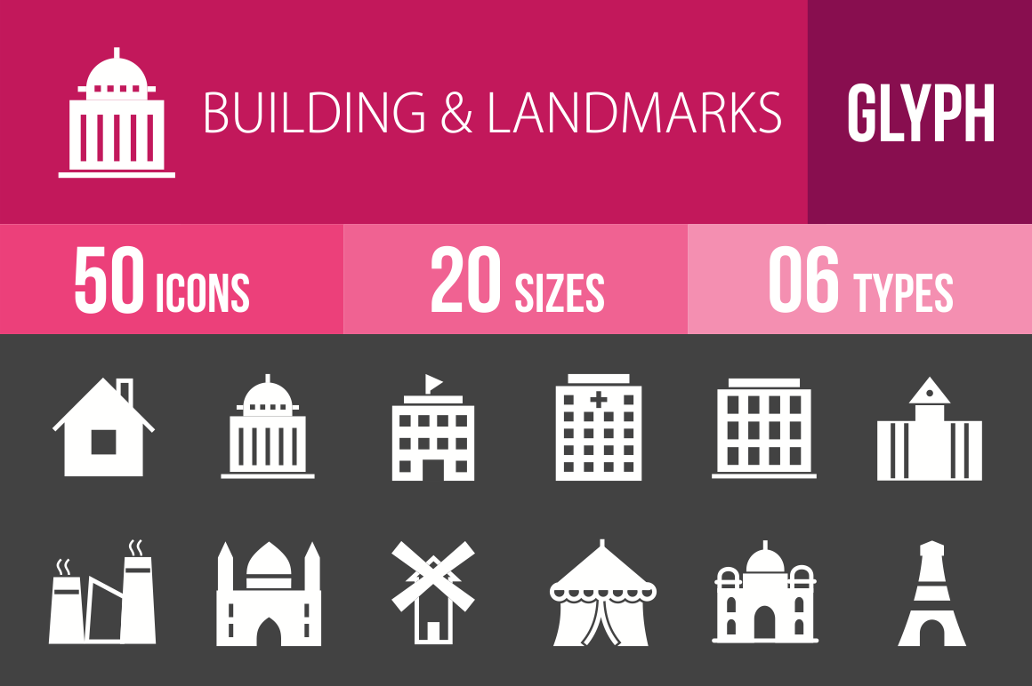 50 Buildings & Landmarks Glyph Inverted Icons - Overview - IconBunny
