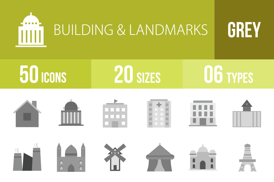50 Buildings & Landmarks Greyscale Icons - Overview - IconBunny