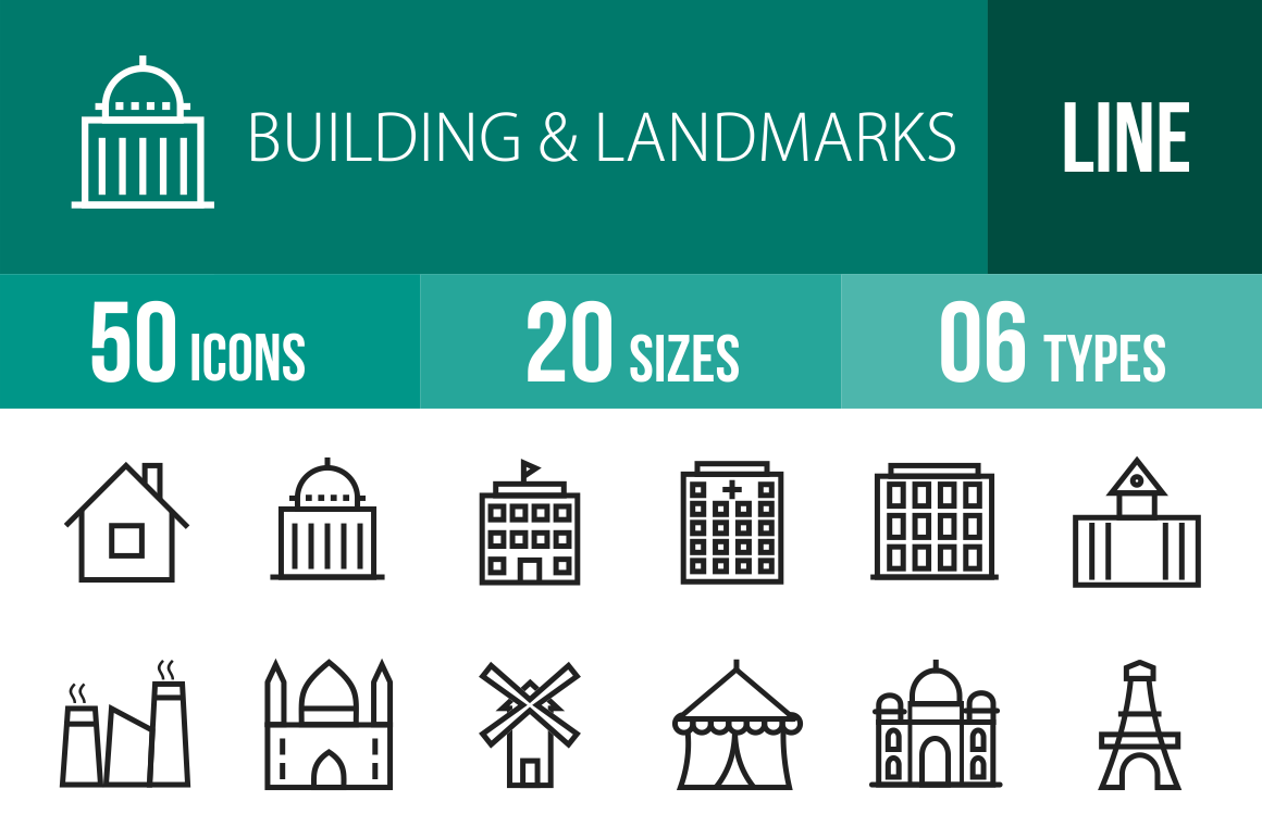 50 Buildings & Landmarks Line Icons - Overview - IconBunny