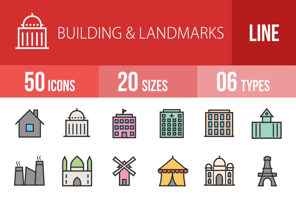 50 Buildings & Landmarks Line Multicolor Filled Icons - Overview - IconBunny