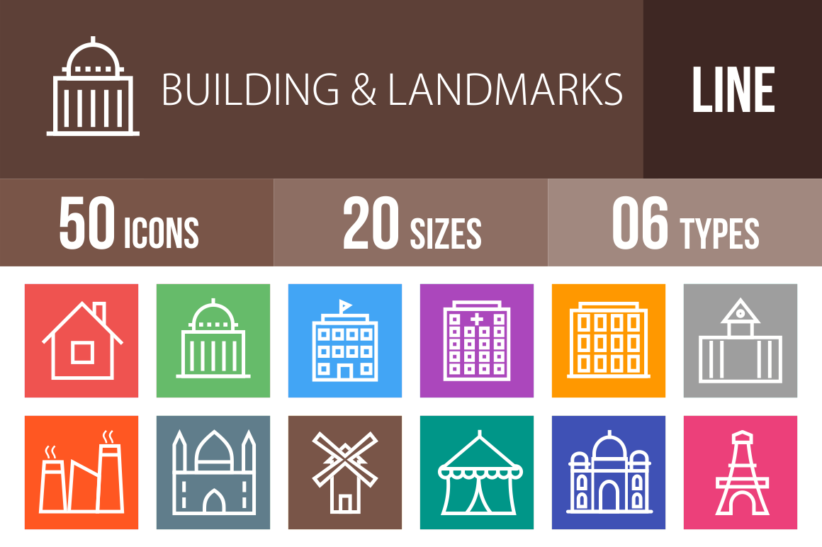 50 Buildings & Landmarks Line Multicolor B/G Icons - Overview - IconBunny