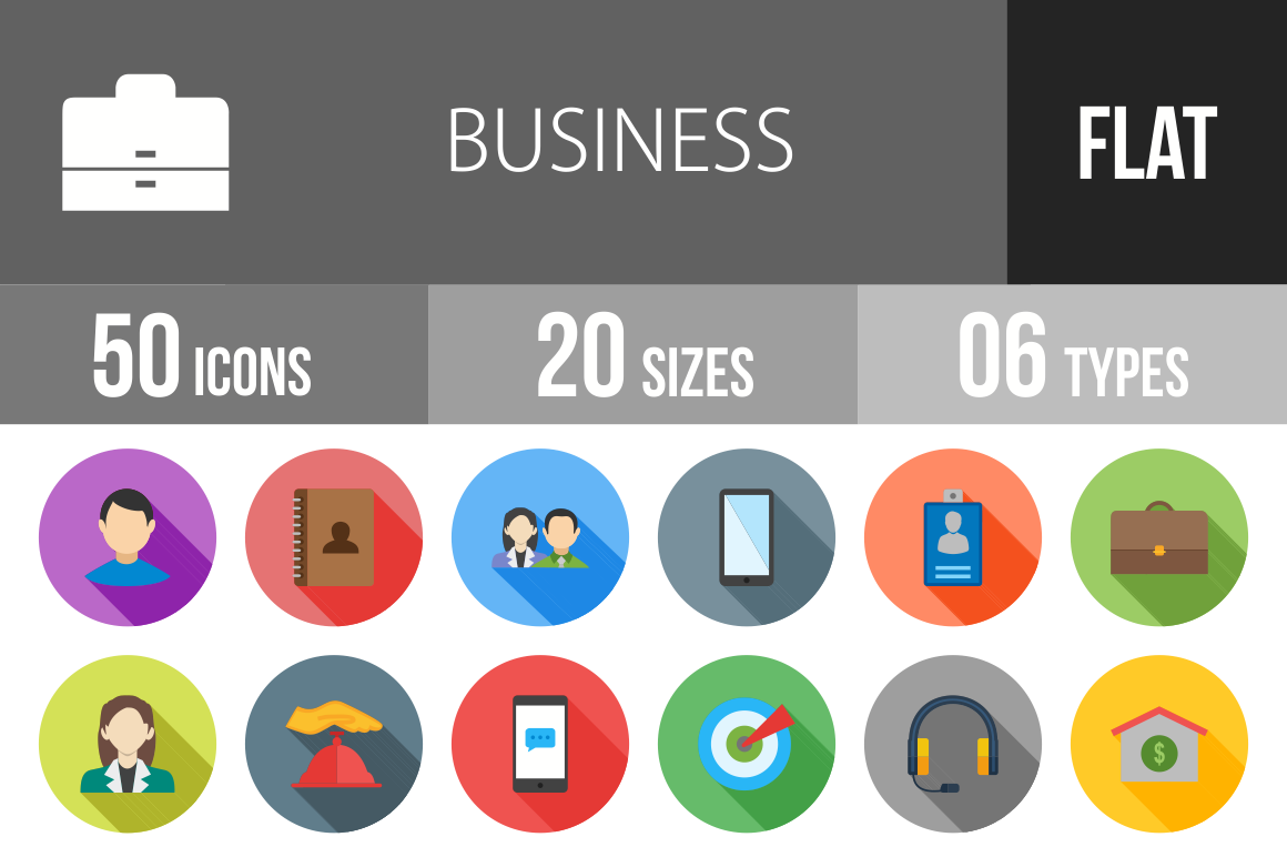 50 Business Flat Shadowed Icons - Overview - IconBunny