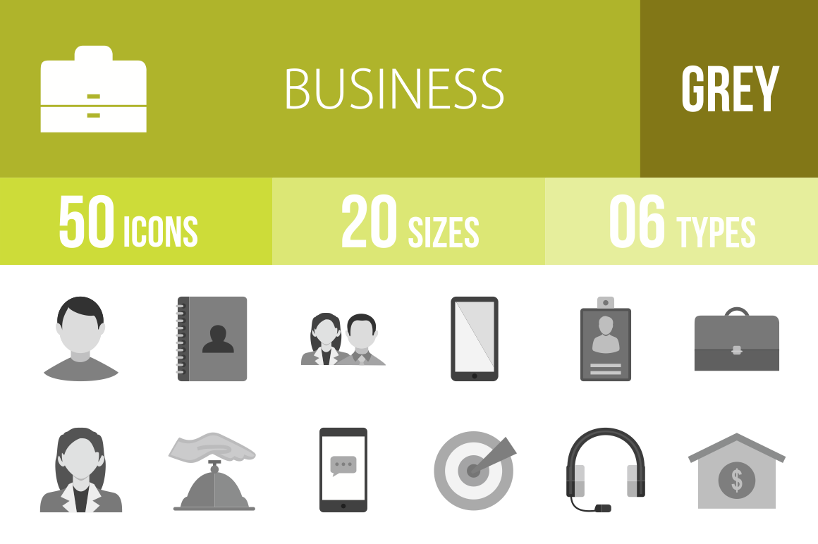 50 Business Greyscale Icons - Overview - IconBunny