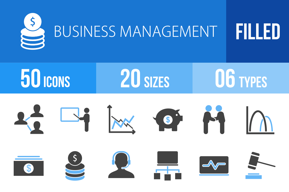 50 Business Management Blue Black Icons - Overview - IconBunny