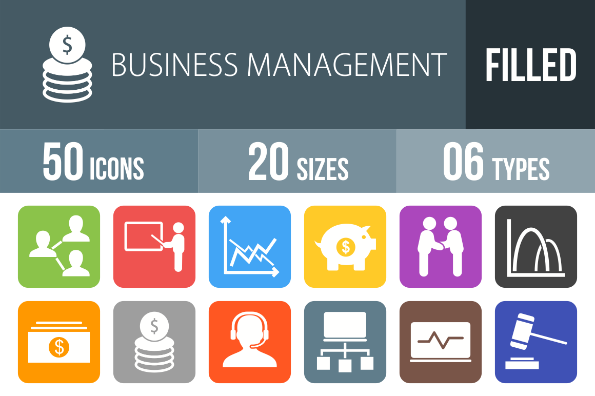 50 Business Management Flat Round Corner Icons - Overview - IconBunny