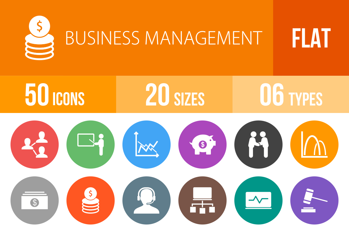 50 Business Management Flat Round Icons - Overview - IconBunny