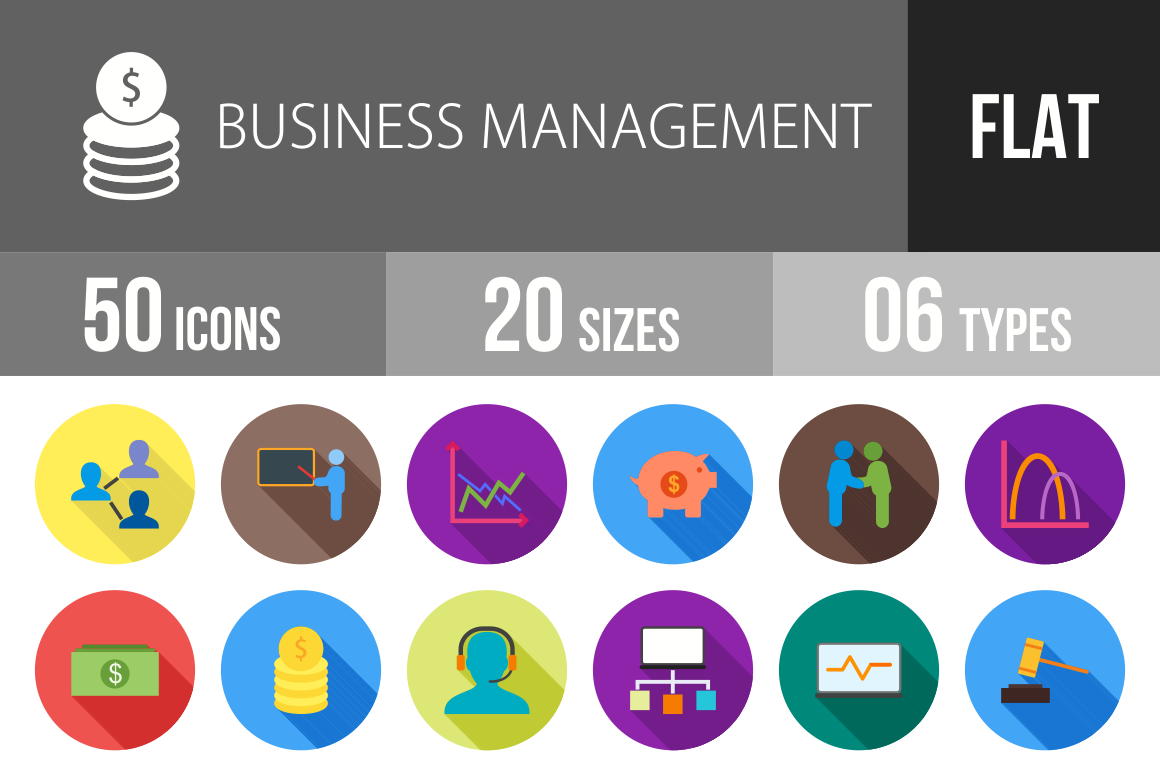 50 Business Management Flat Shadowed Icons - Overview - IconBunny
