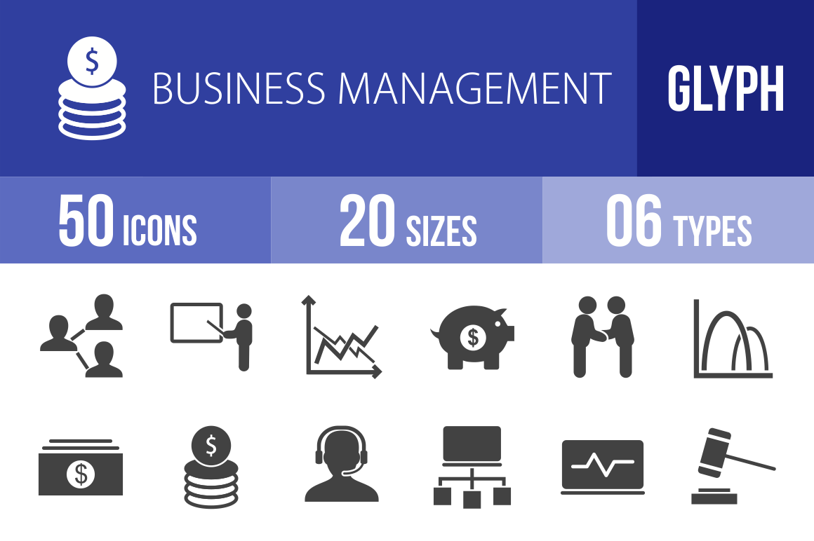 50 Business Management Glyph Icons - Overview - IconBunny