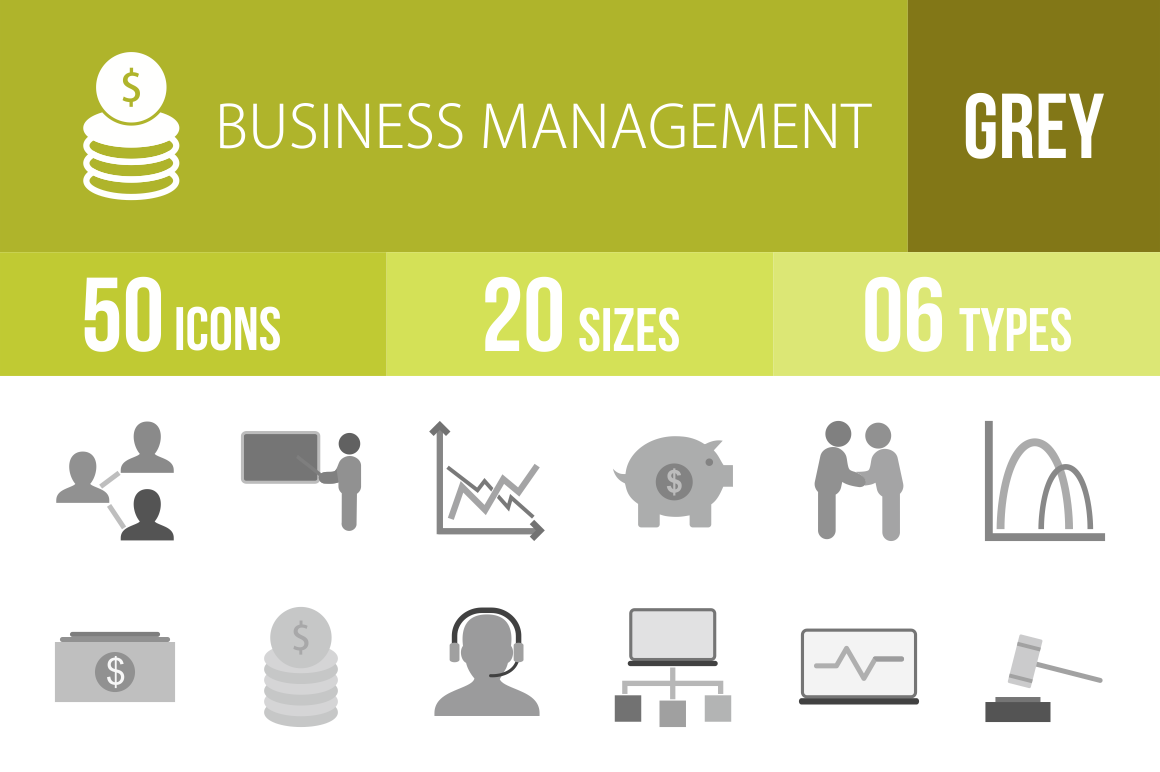 50 Business Management Greyscale Icons - Overview - IconBunny