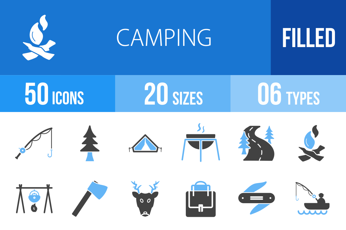 50 Camping Blue & Black Icons - Overview - IconBunny