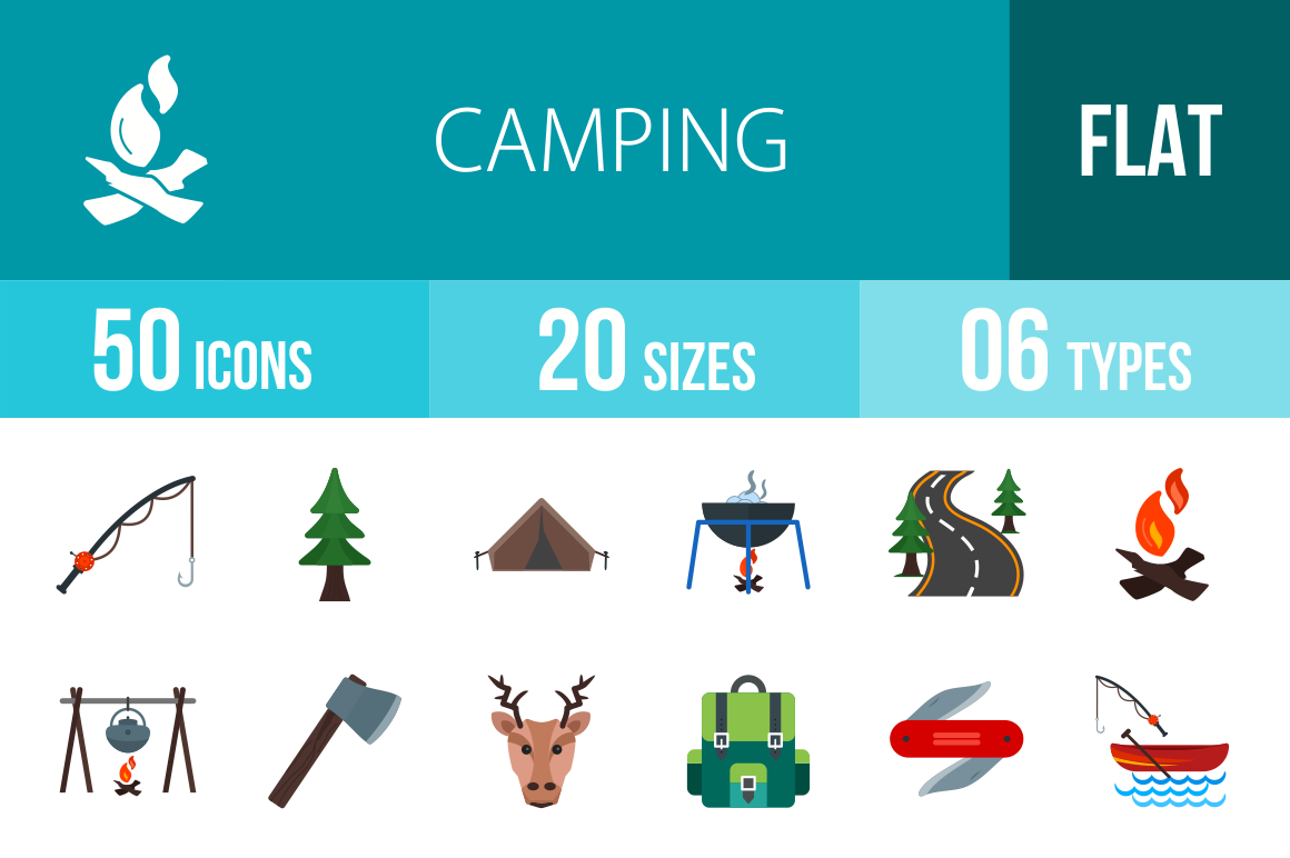 50 Camping Flat Multicolor Icons - Overview - IconBunny