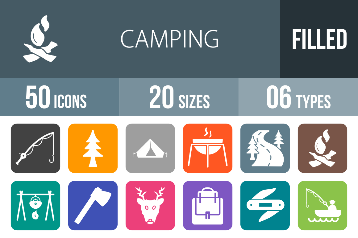 50 Camping Flat Round Corner Icons - Overview - IconBunny