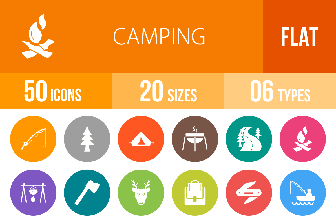50 Camping Flat Round Icons - Overview - IconBunny