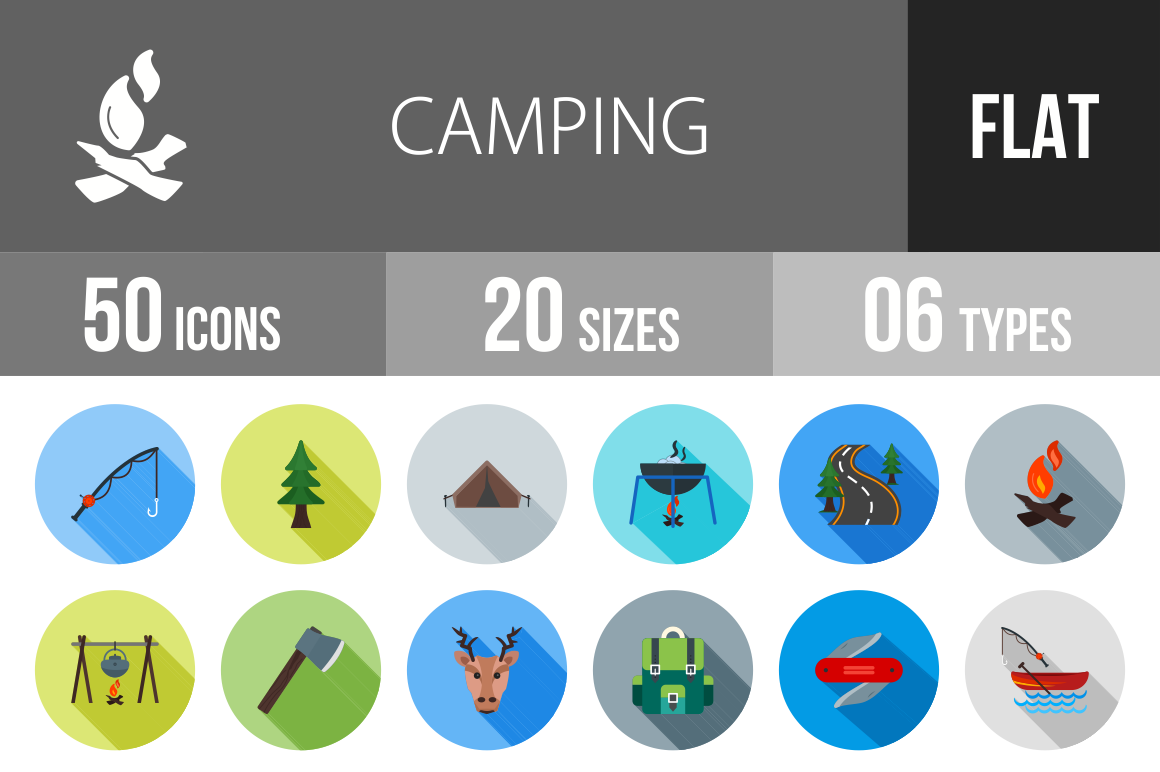 50 Camping Flat Shadowed Icons - Overview - IconBunny