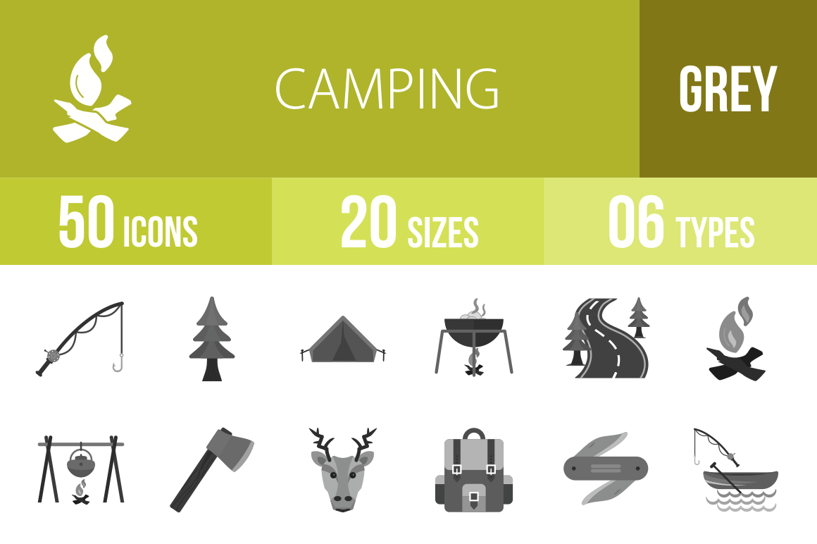 50 Camping Greyscale Icons - Overview - IconBunny