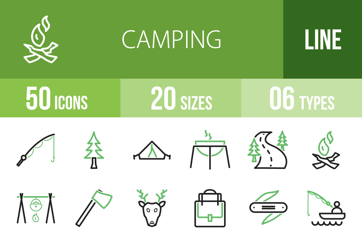 50 Camping Line Green & Black Icons - Overview - IconBunny
