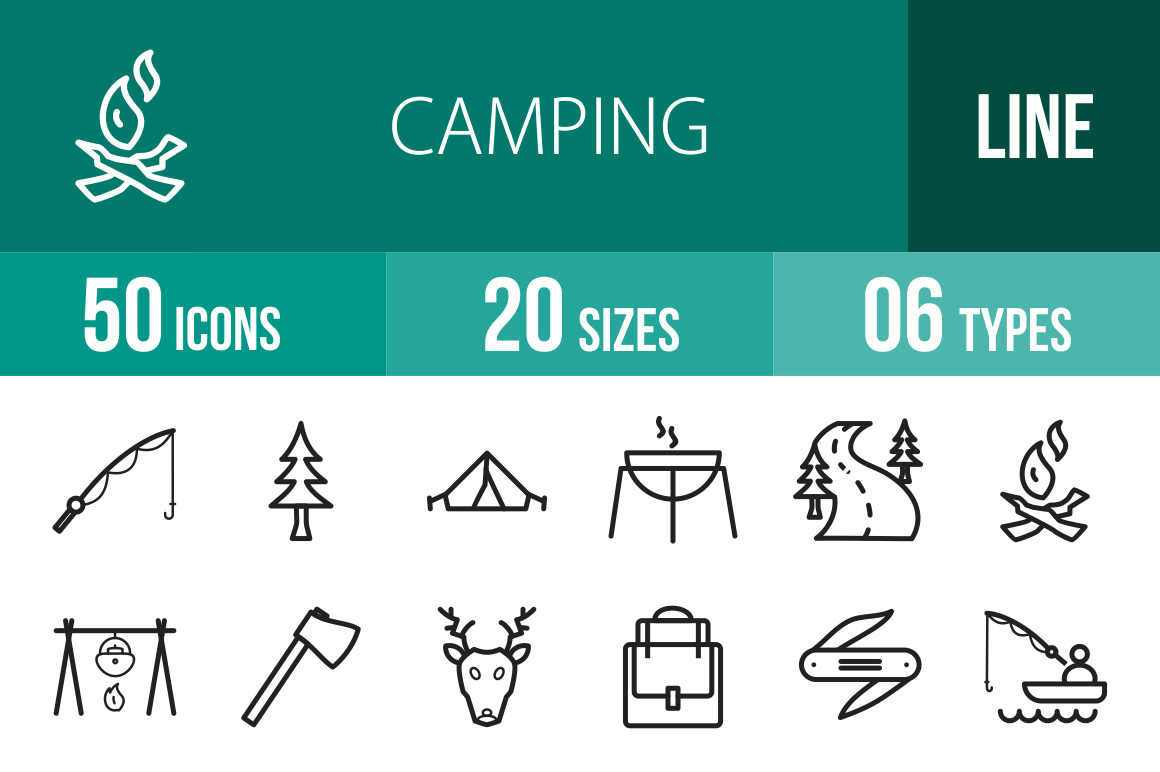 50 Camping Line Icons - Overview - IconBunny