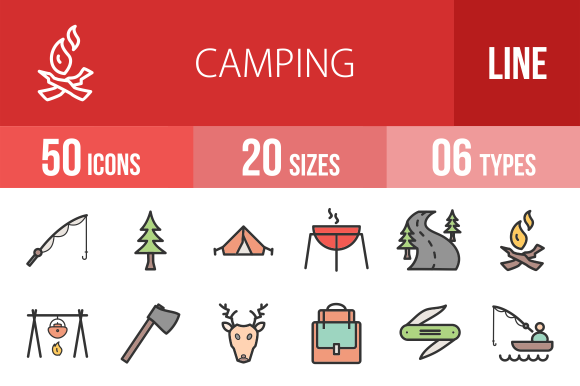 50 Camping Line Multicolor Filled Icons - Overview - IconBunny