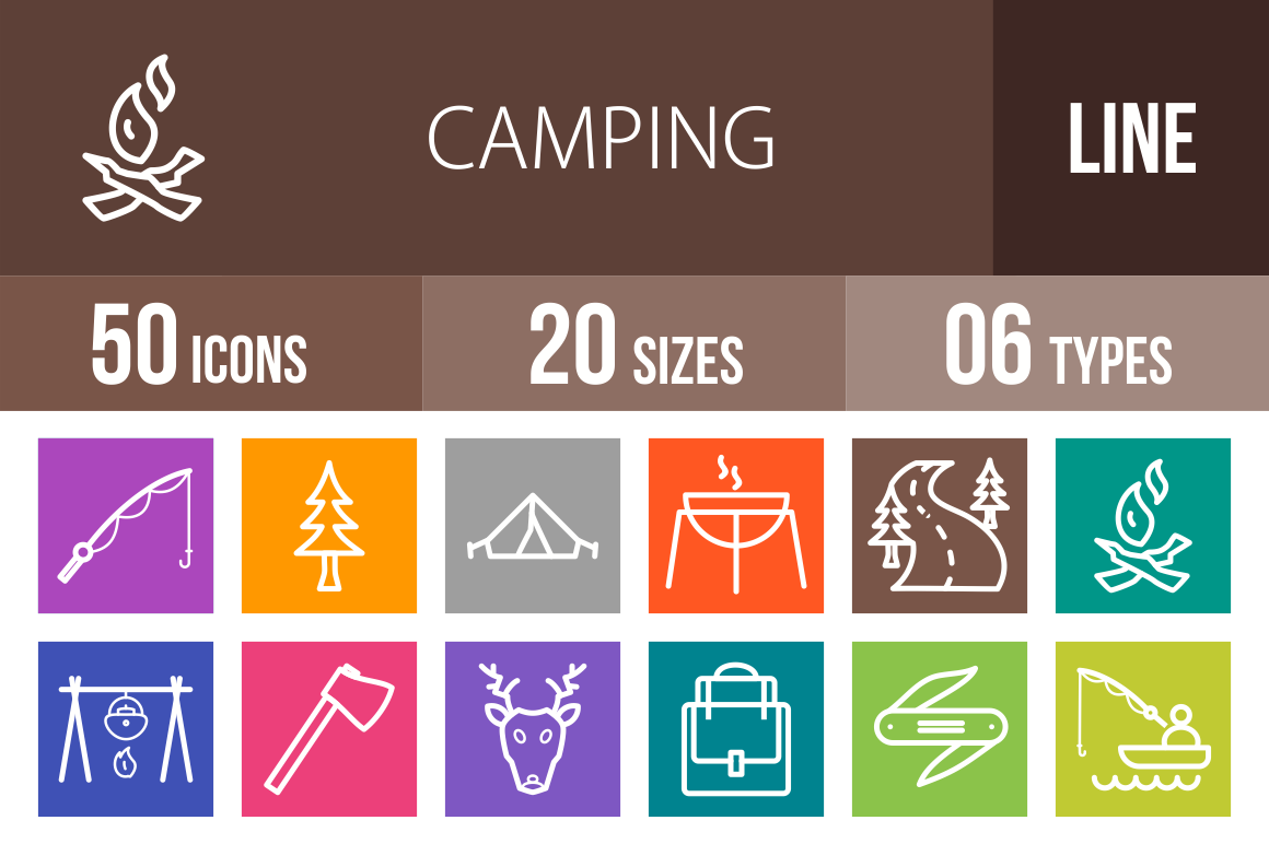 50 Camping Line Multicolor B/G Icons - Overview - IconBunny