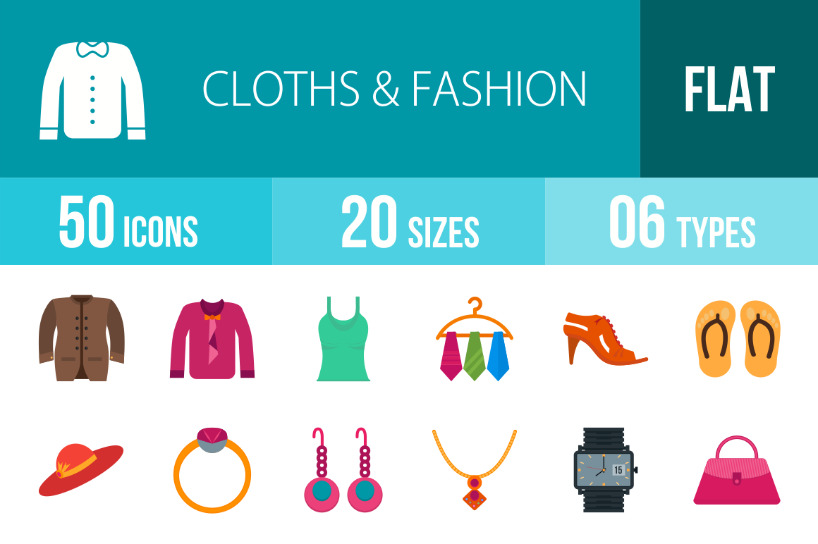 50 Clothes & Fashion Flat Multicolor Icons - Overview - IconBunny