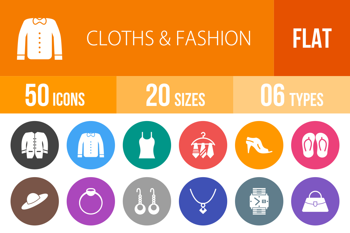 50 Clothes & Fashion Flat Round Icons - Overview - IconBunny