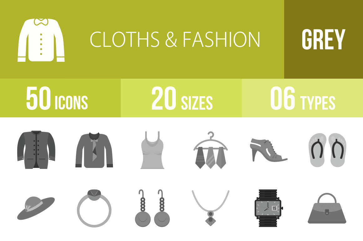 50 Clothes & Fashion Greyscale Icons - Overview - IconBunny