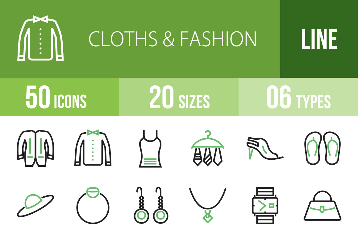 50 Clothes & Fashion Line Green & Black Icons - Overview - IconBunny