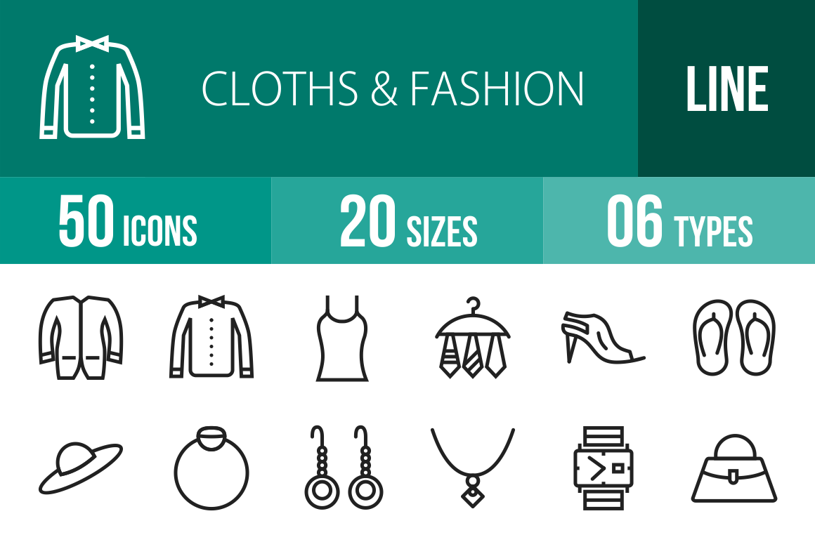 50 Clothes & Fashion Line Icons - Overview - IconBunny