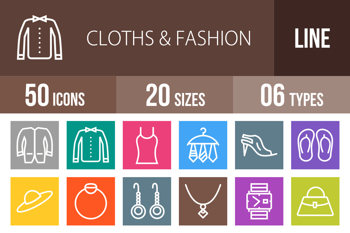 50 Clothes & Fashion Line Multicolor B/G Icons - Overview - IconBunny