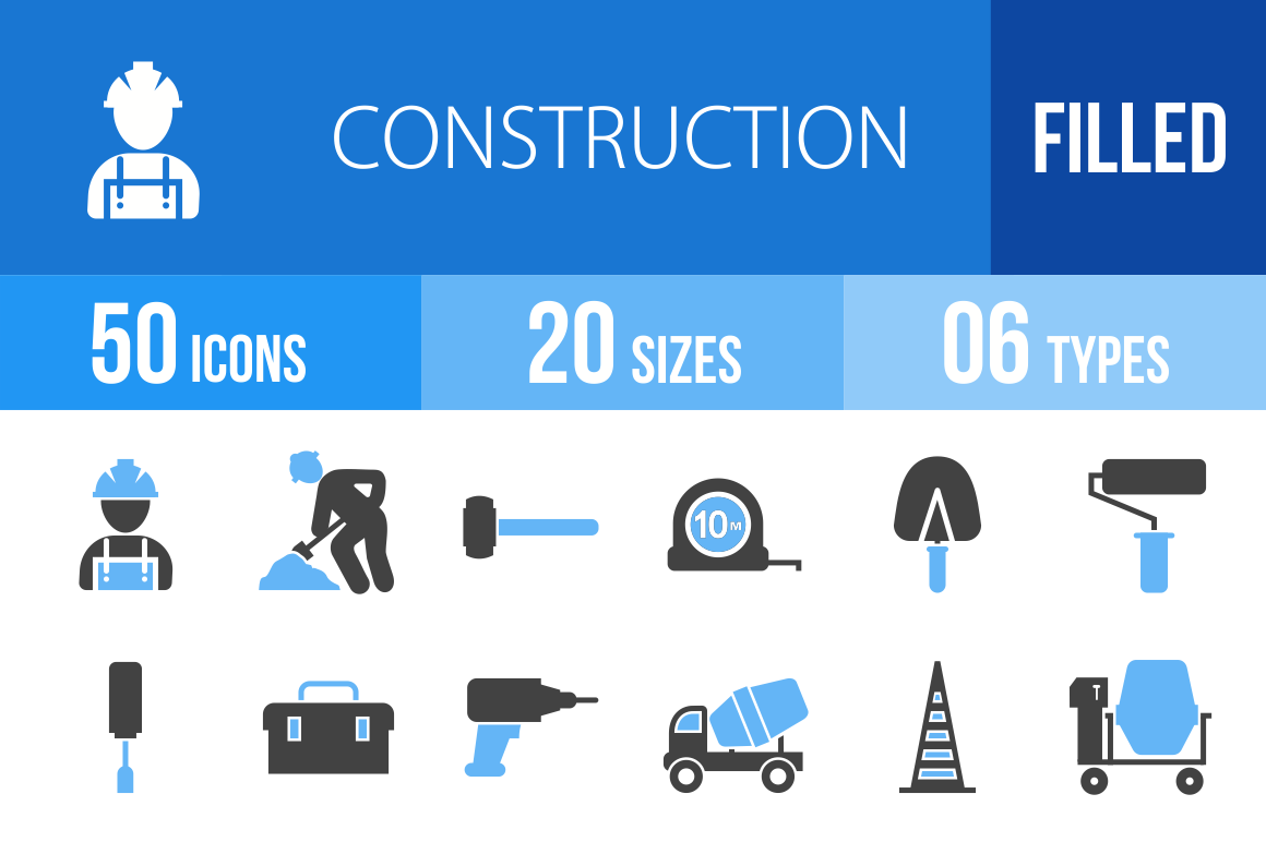 50 Construction Blue & Black Icons - Overview - IconBunny