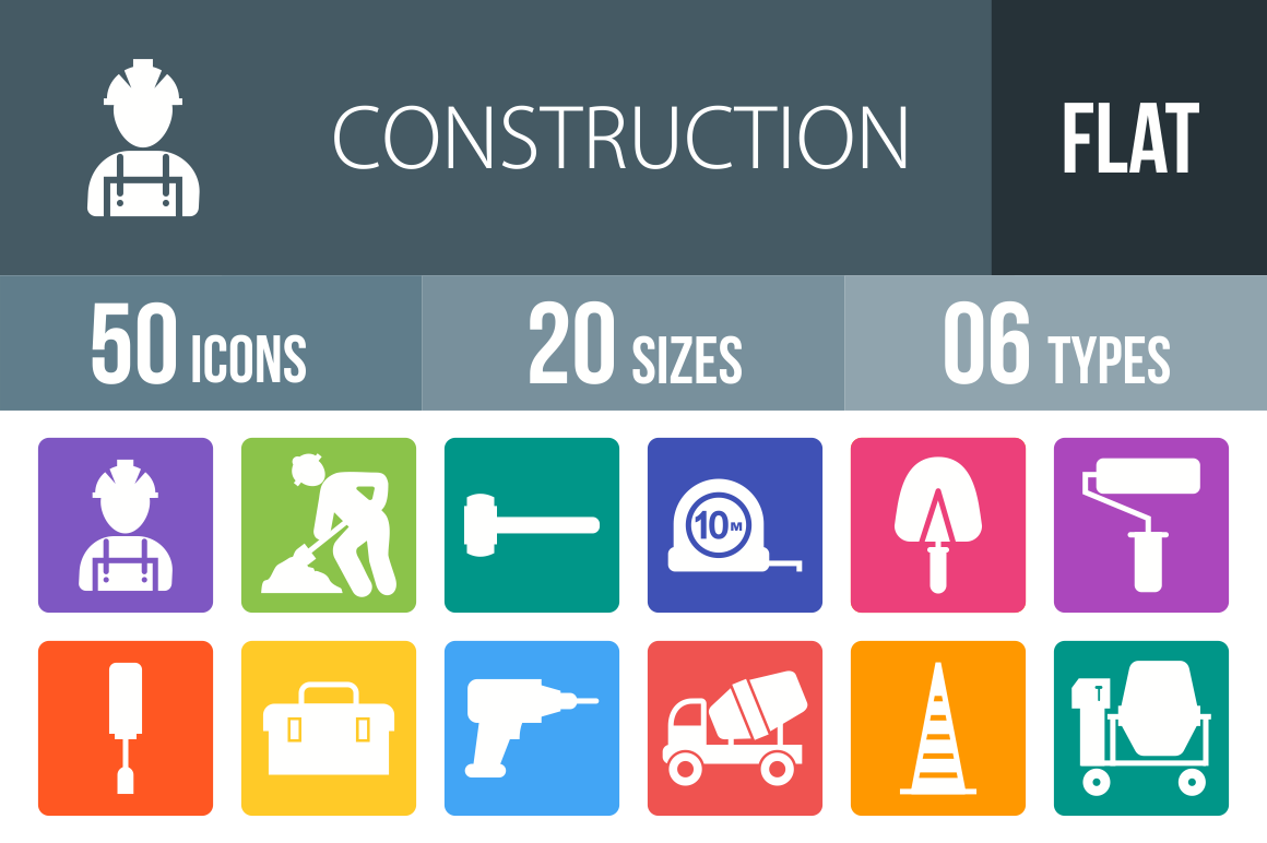 50 Construction Flat Round Corner Icons - Overview - IconBunny