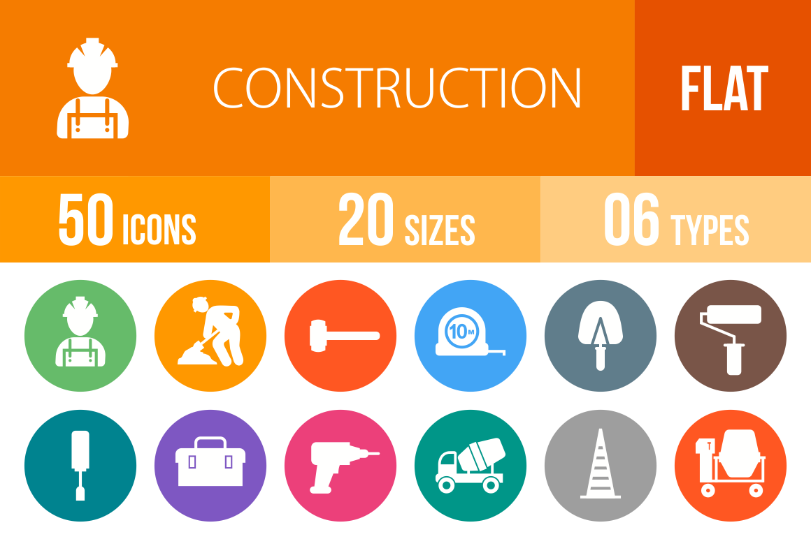 50 Construction Flat Round Icons - Overview - IconBunny