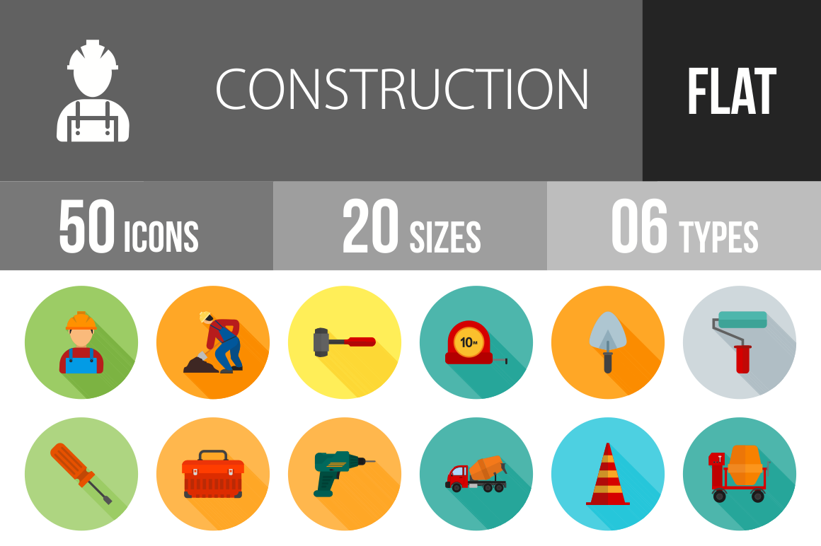 50 Construction Flat Shadowed Icons - Overview - IconBunny
