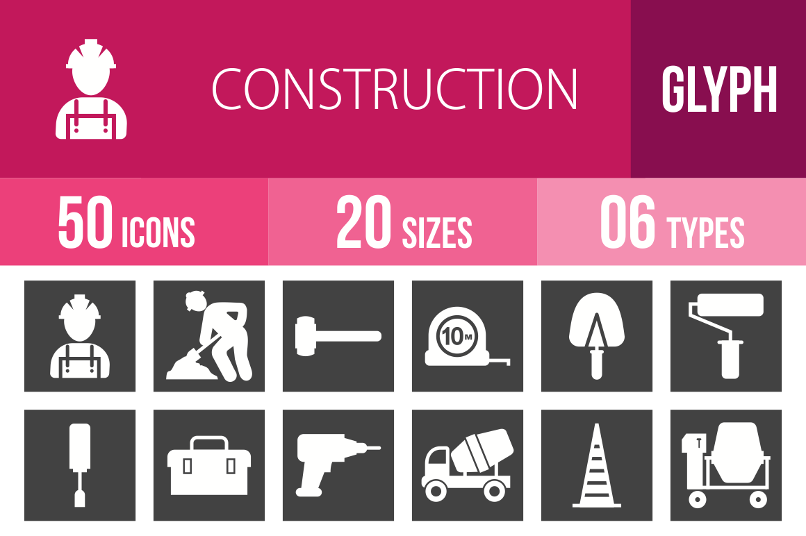 50 Construction Glyph Inverted Icons - Overview - IconBunny
